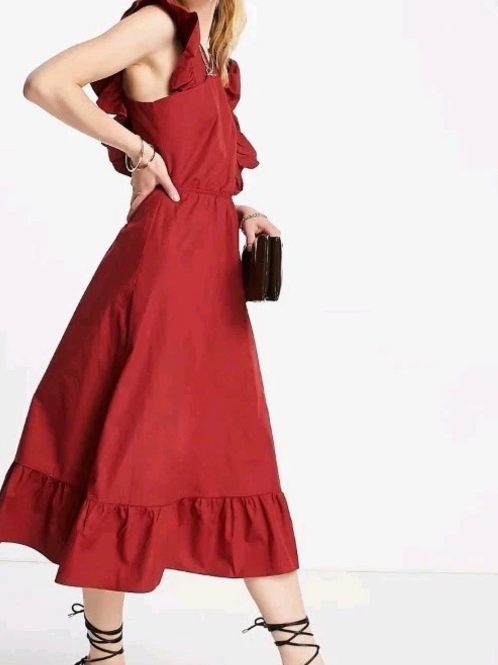 Aware Vero Moda Aware cross front midi dress with frill red  Organic Cotton S
